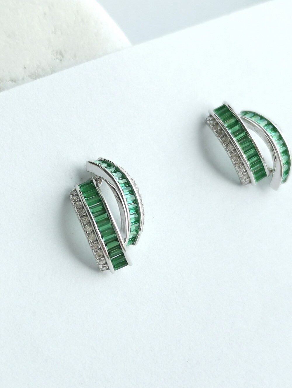 Emerald Cz Art Deco Crescent Stud  earrings 14k white gold Overlay 🆕